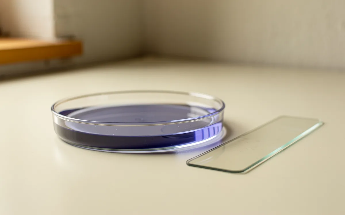 A shallow glass dish of blue-violet liquid beside a plain glass slide in daylight