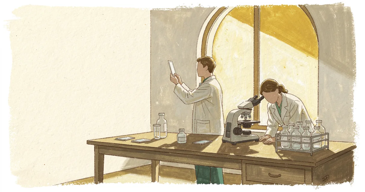 Illustrated laboratory workers examine a tissue slide and microscope beside a sunlit arched window