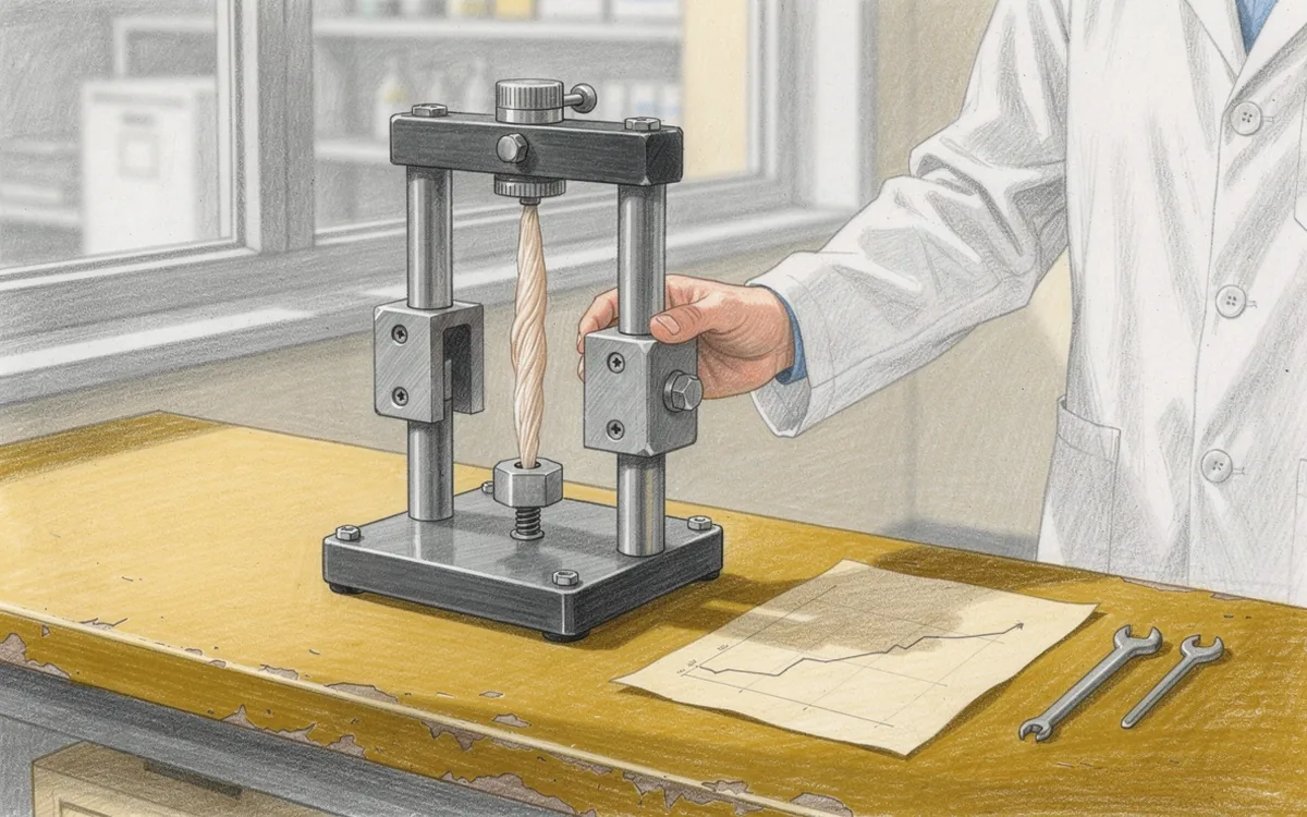 Illustrated technician beside a mechanical rig holding a pale fibrous tissue specimen